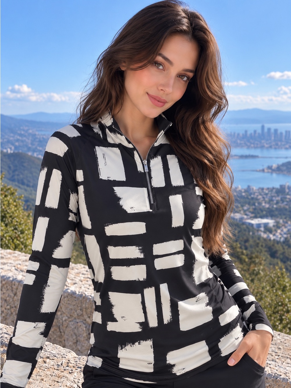 NWT ACEGOLFS Women's Black White Abstract Print Long Sleeve Quarter Zip Golf Top